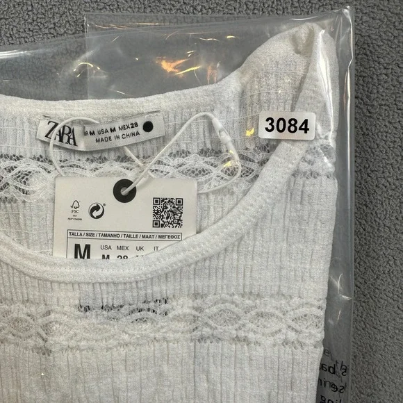 ZARA Woman Tank Top Knit Top Sleeveless M White Crochet Lace Trim Textured NWT - Picture 6 of 6